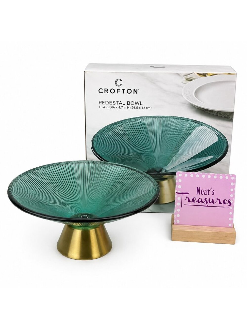Crofton ALDI Blue Green Glass 10" Bowl With Gold Finish Metal Base Centerpiece